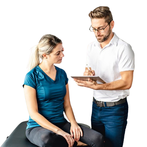 A man explaining something to a seated woman using a tablet. A man explaining something to a seated woman using a tablet.